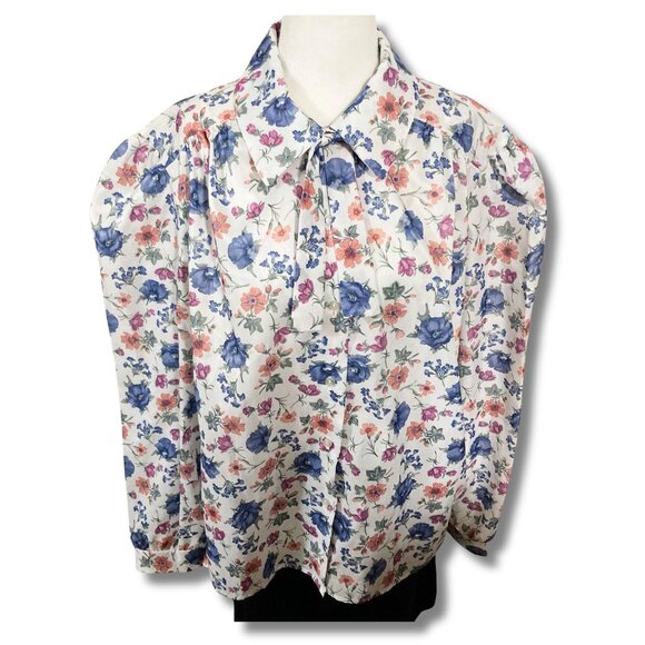 PETITE EXPRESS Vintage plus-size tie neck floral print blouse ~ XXL 2X sz 18 top - Picture 1 of 2